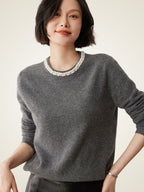 LanlyCashmere Women’s Pearl Trim Cashmere Sweater – Luxury Crewneck Knit