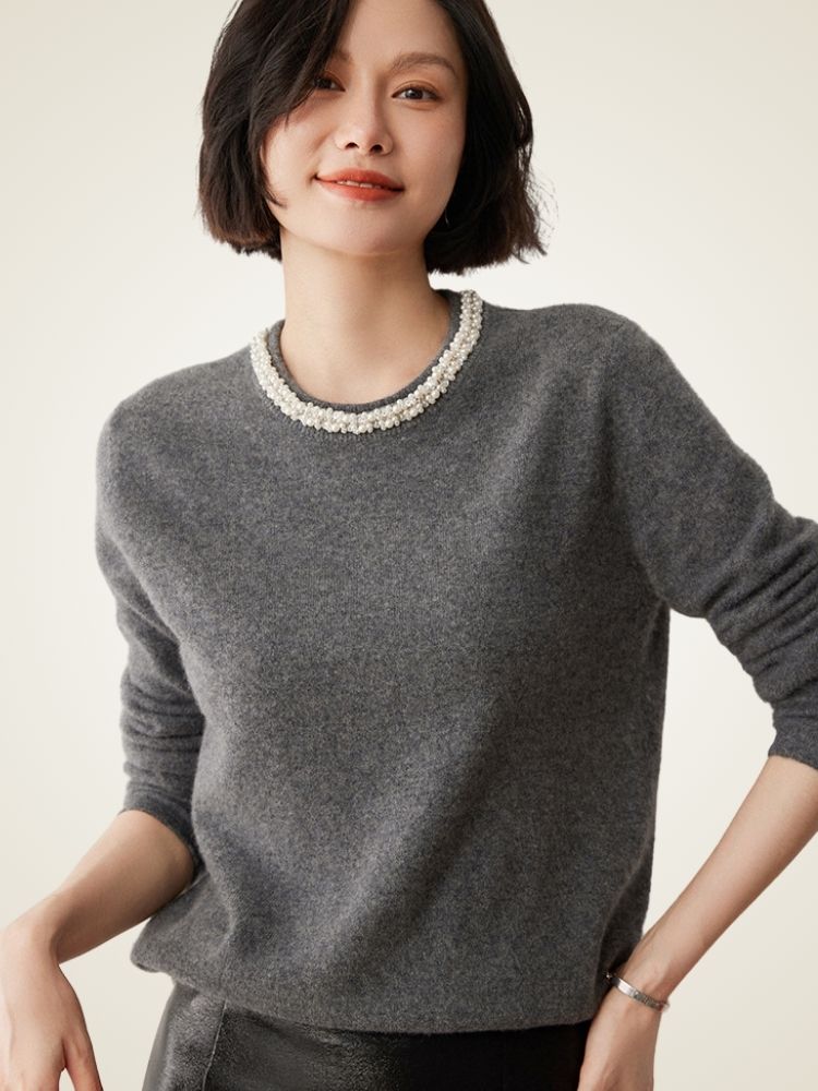 LanlyCashmere Women’s Pearl Trim Cashmere Sweater – Luxury Crewneck Knit