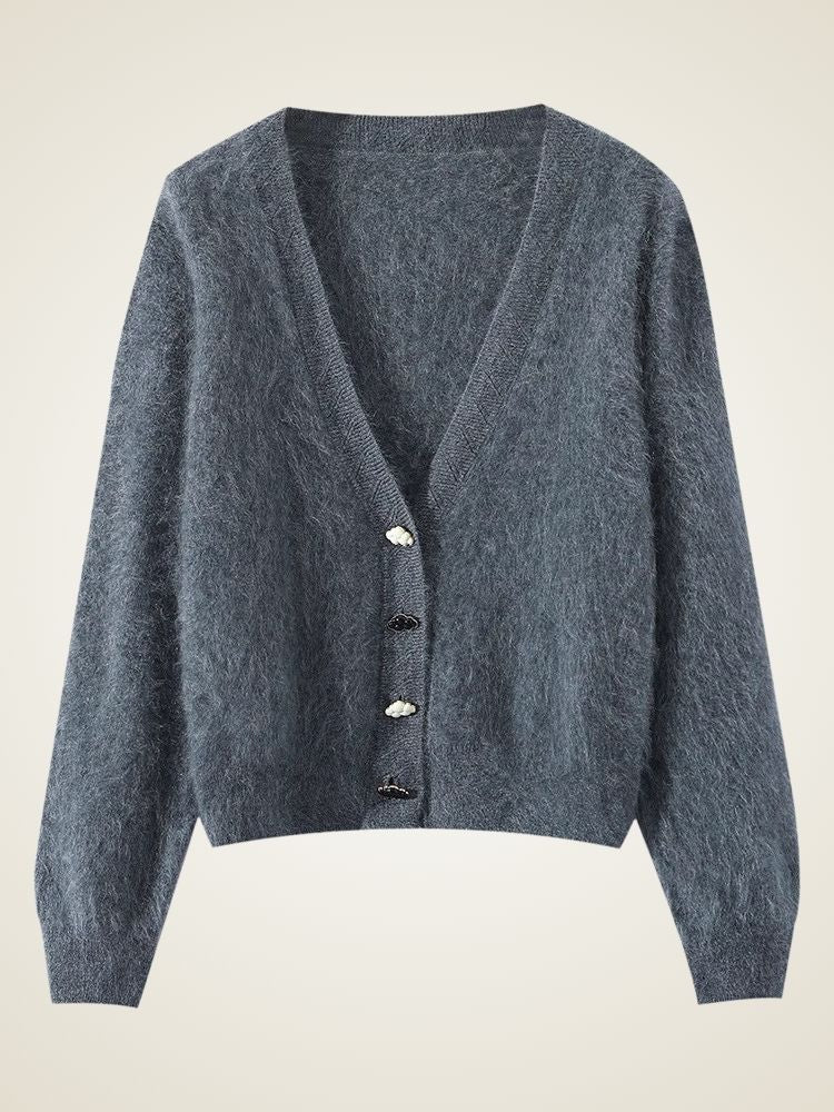 LanlyCashmere Women’s V-Neck Brushed Cashmere Cardigan – Soft Fuzzy Button Sweater