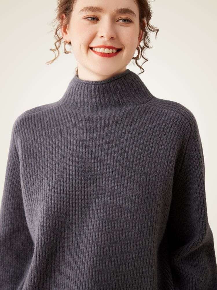 Lanlycashmere Soft Ribbed Turtleneck Cashmere Jumper - Lantern Sleeve Knitwear