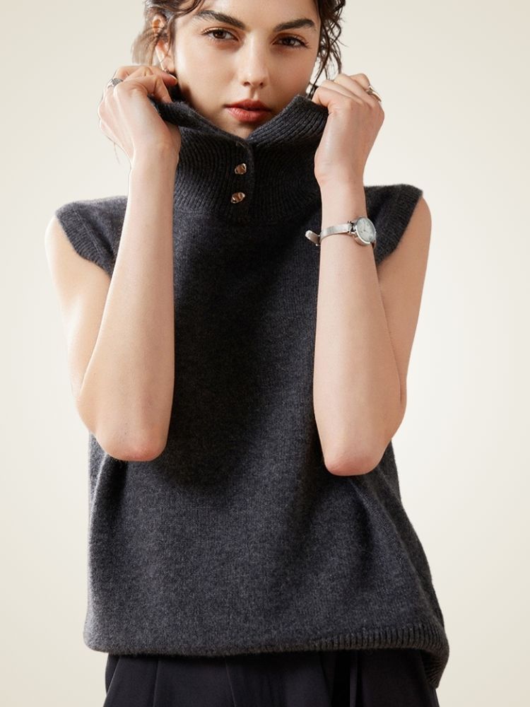Lanlycashmere Collared Cashmere Sweater Vest – Preppy Knit Sleeveless Top