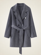 Lanlycashmere Mid Length Cashmere Coat Women – Double Breasted Belted Coat