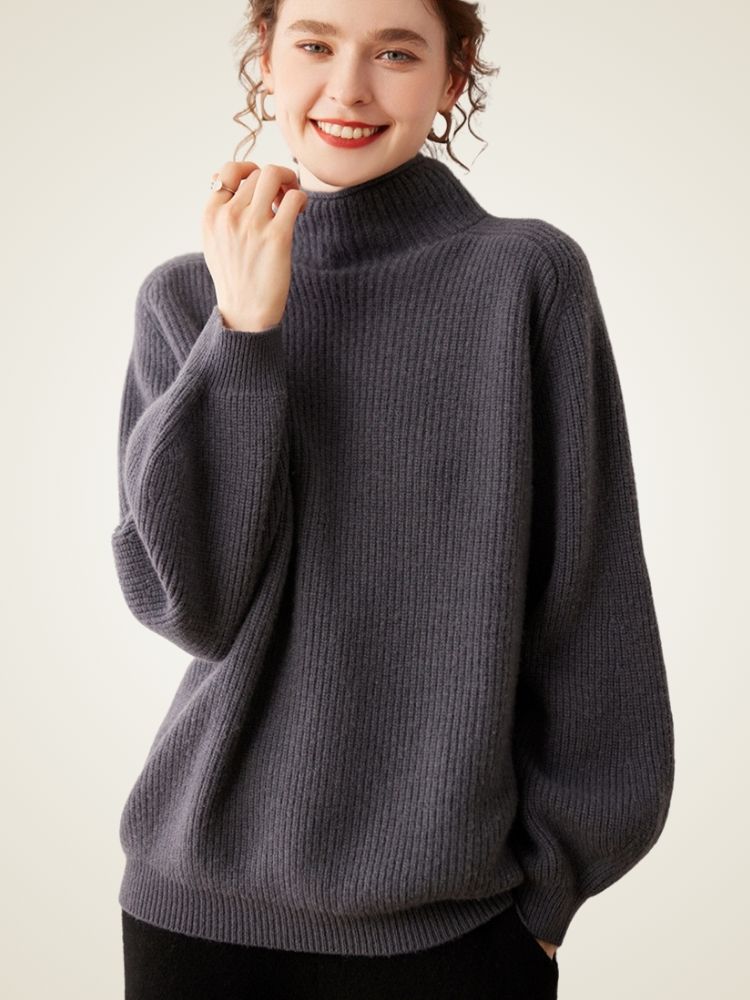 Lanlycashmere Soft Ribbed Turtleneck Cashmere Jumper - Lantern Sleeve Knitwear