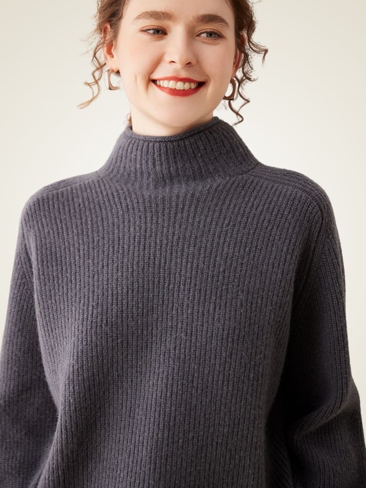 Lanlycashmere Soft Ribbed Turtleneck Cashmere Jumper - Lantern Sleeve Knitwear
