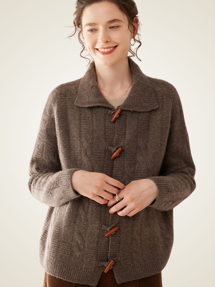 LanlyCashmere Wool Cashmere Blend Cardigan – Thick Cable Knit Toggle Sweater
