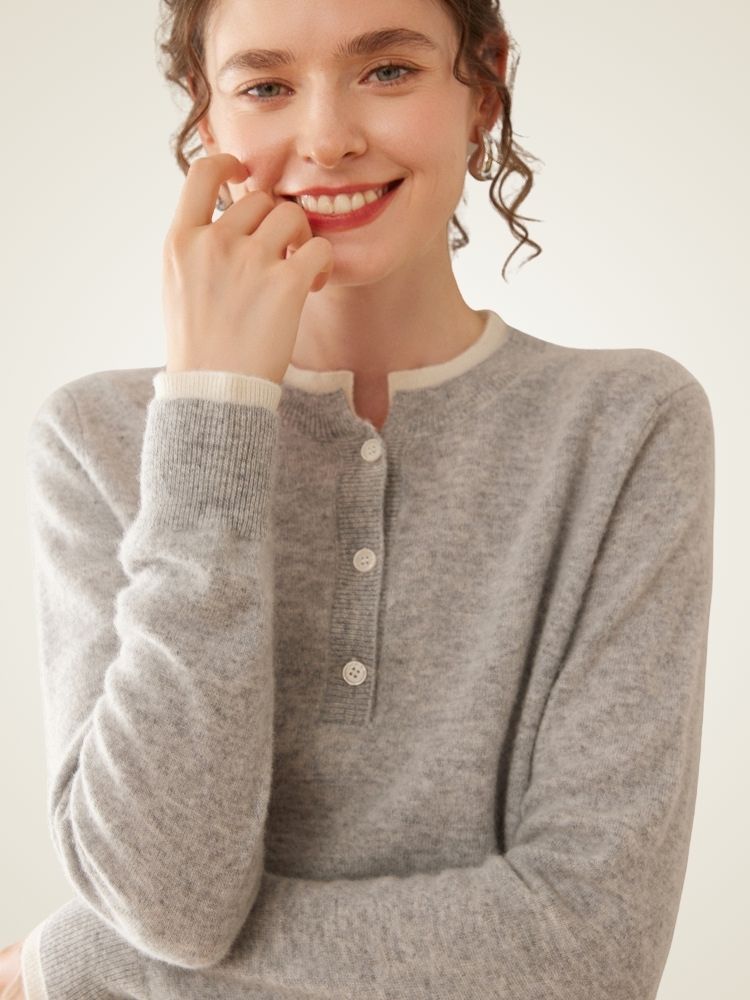 LanlyCashmere Contrast Trim Cashmere Henley Sweater – Soft Minimalist Knit