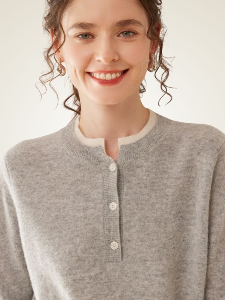 LanlyCashmere Contrast Trim Cashmere Henley Sweater – Soft Minimalist Knit
