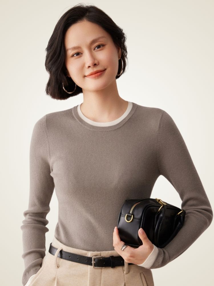 LanlyCashmere Slim Fit Cashmere Sweater – Ribbed Crewneck Lightweight Knit