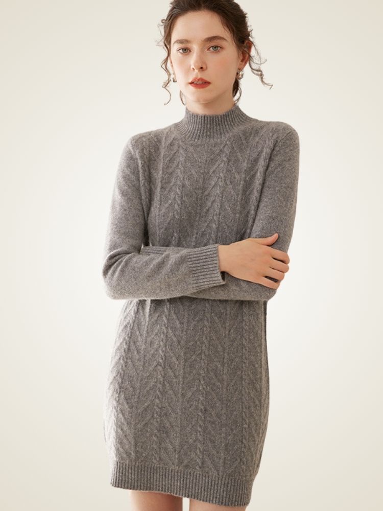 Lanlycashmere Cable Knit Cashmere Dress – Slim Fit Elegant Sweater Dress