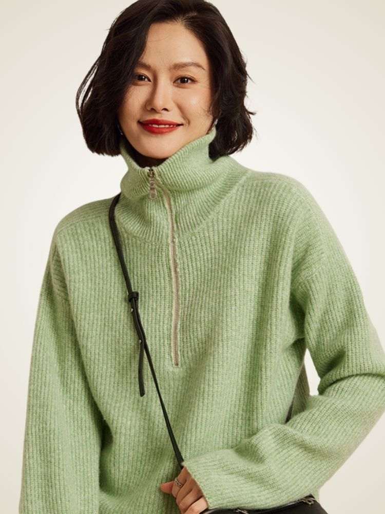 LanlyCashmere Women's Ribbed Half Zip Cashmere Sweater
