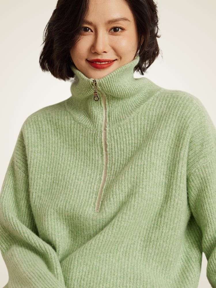LanlyCashmere Women's Ribbed Half Zip Cashmere Sweater