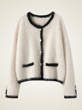 LanlyCashmere Contrast Trim Cashmere Cardigan – Soft Cropped Knit Jacket