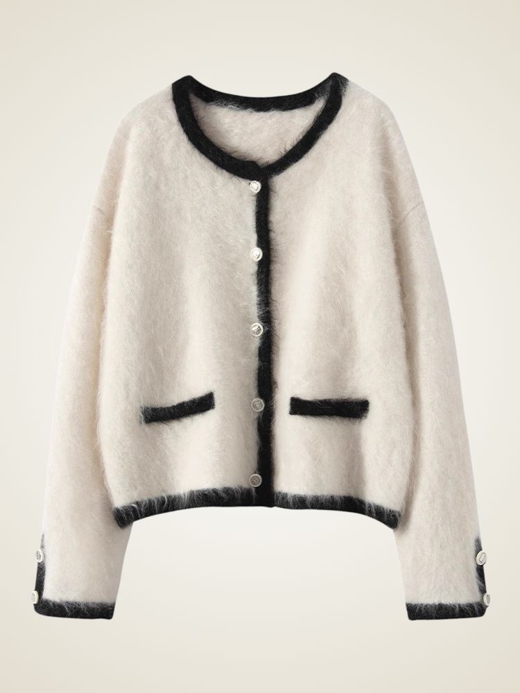 LanlyCashmere Contrast Trim Cashmere Cardigan – Soft Cropped Knit Jacket