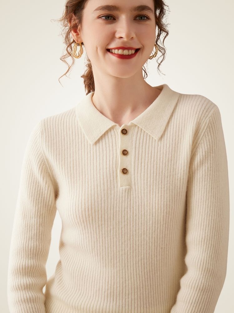 LanlyCashmere Ribbed Cashmere Polo Sweater – Slim Fit Knit Top