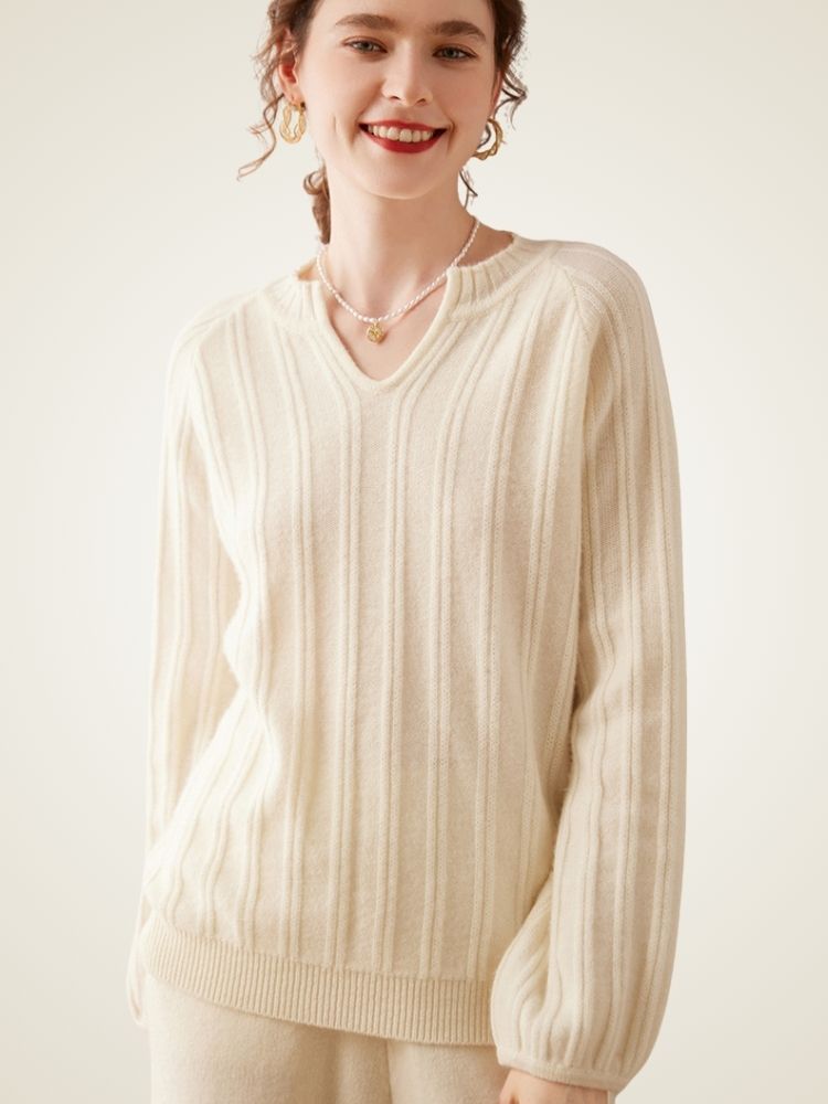 LanlyCashmere Ribbed Cashmere V-Neck Sweater – Elegant Slim Fit Knit