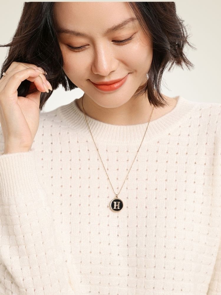 LanlyCashmere Textured Cashmere Sweater – Basketweave Knit Crewneck Pullover