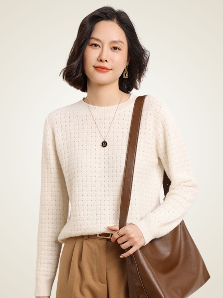 LanlyCashmere Textured Cashmere Sweater – Basketweave Knit Crewneck Pullover