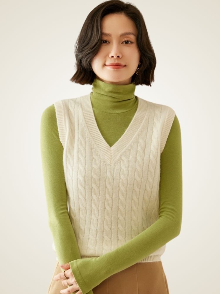 LanlyCashmere Women's Cable Knit Cashmere Vest V Neck