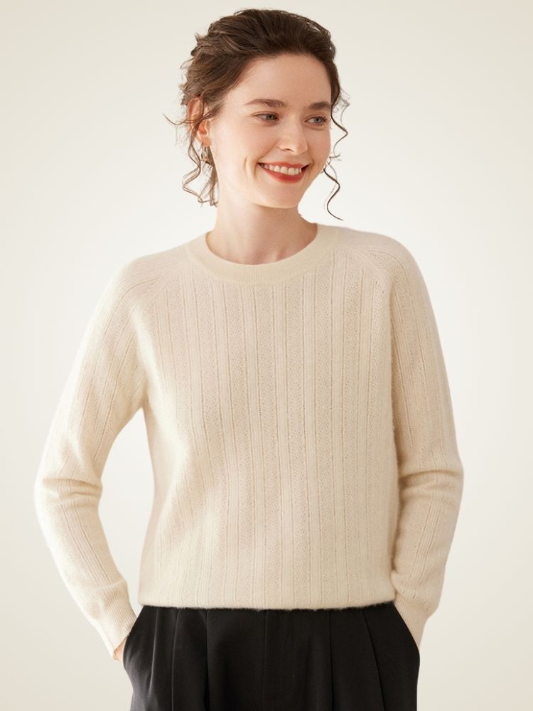 LanlyCashmere Women’s Pointelle Cashmere Sweater – Crew Neck Slim Fit Knit Pullover