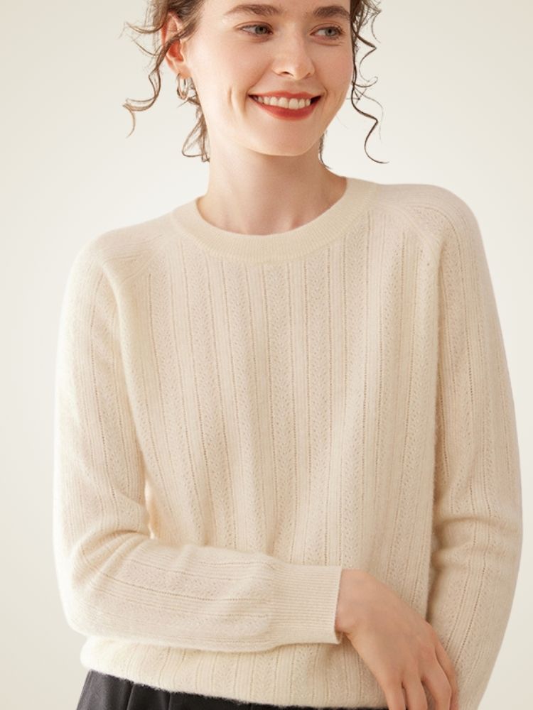LanlyCashmere Women’s Pointelle Cashmere Sweater – Crew Neck Slim Fit Knit Pullover