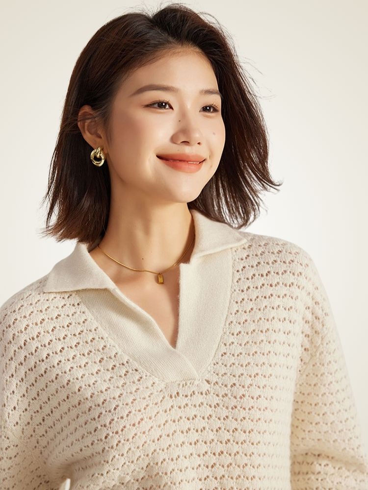 Lanly Cashmere Open-Knit Polo Sweater - Mongolia Cashmere Pullover