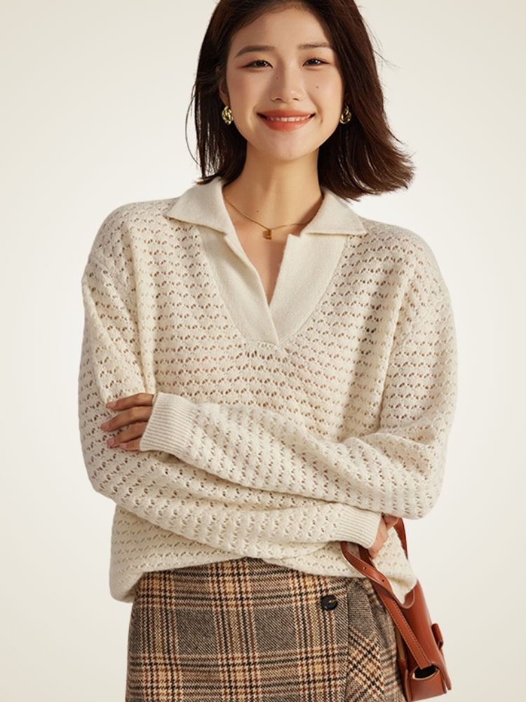 Lanly Cashmere Open-Knit Polo Sweater - Mongolia Cashmere Pullover