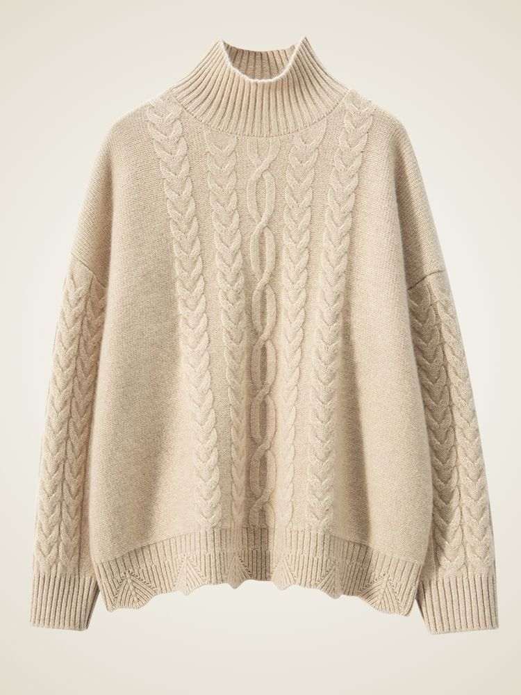 Lanlycashmere Cable Knit Cashmere Turtleneck Sweater – Textured Winter Pullover