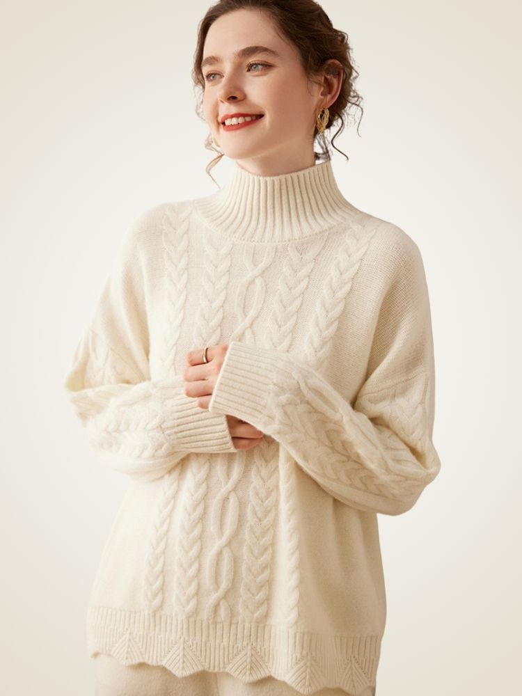Lanlycashmere Cable Knit Cashmere Turtleneck Sweater – Textured Winter Pullover