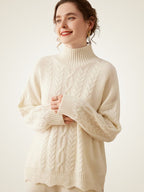 Lanlycashmere Cable Knit Cashmere Turtleneck Sweater – Textured Winter Pullover