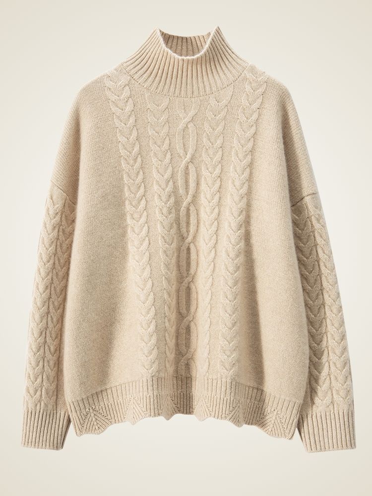 Lanlycashmere Cable Knit Cashmere Turtleneck Sweater – Textured Winter Pullover