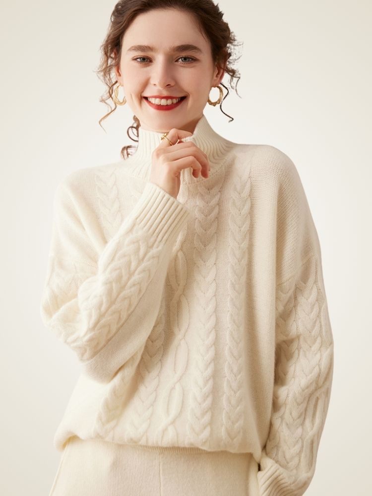 Lanlycashmere Cable Knit Cashmere Turtleneck Sweater – Textured Winter Pullover