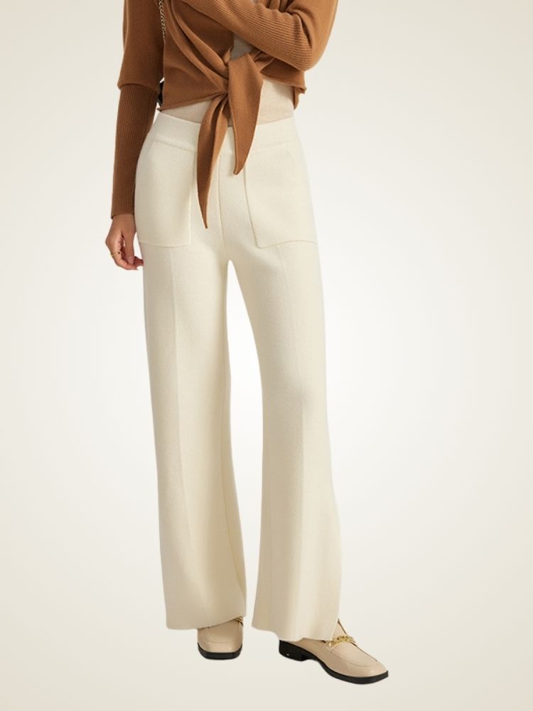 Lanlycashmere Cashmere Split Hem Pants – High Waisted Wide Leg Knit Trousers