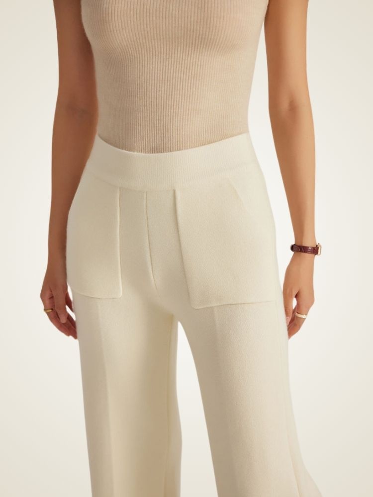 Lanlycashmere Cashmere Split Hem Pants – High Waisted Wide Leg Knit Trousers