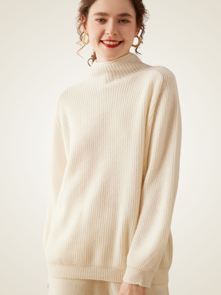 Lanlycashmere Soft Ribbed Turtleneck Cashmere Jumper - Lantern Sleeve Knitwear