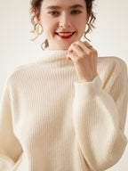 Lanlycashmere Soft Ribbed Turtleneck Cashmere Jumper - Lantern Sleeve Knitwear