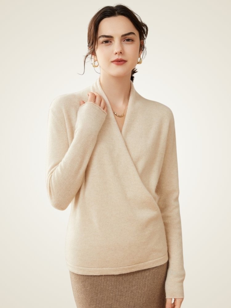 LanlyCashmere Damen Wickelpullover aus Kaschmir – Weicher Strickpullover mit V-Ausschnitt, leicht