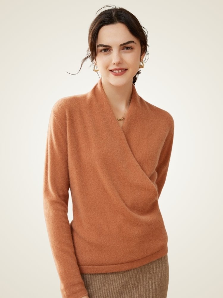 LanlyCashmere Damen Wickelpullover aus Kaschmir – Weicher Strickpullover mit V-Ausschnitt, leicht