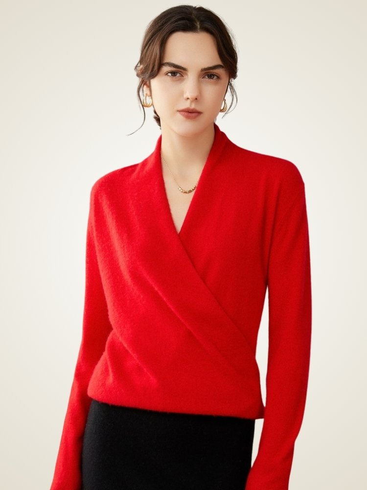 LanlyCashmere Damen Wickelpullover aus Kaschmir – Weicher Strickpullover mit V-Ausschnitt, leicht