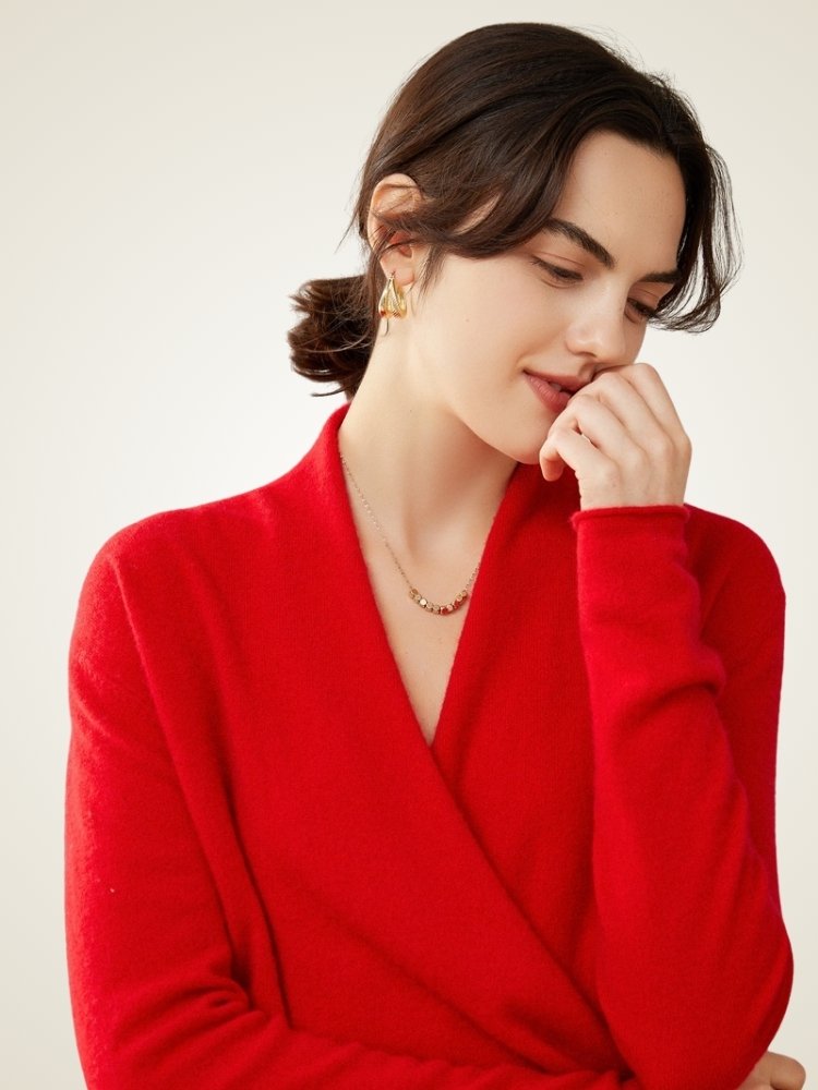 LanlyCashmere Damen Wickelpullover aus Kaschmir – Weicher Strickpullover mit V-Ausschnitt, leicht