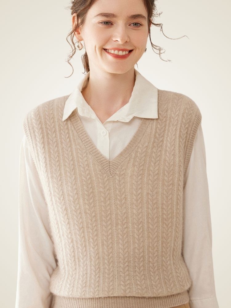 LanlyCashmere Women's Textured Cashmere Vest V Neck Knit