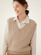 LanlyCashmere Women's Textured Cashmere Vest V Neck Knit