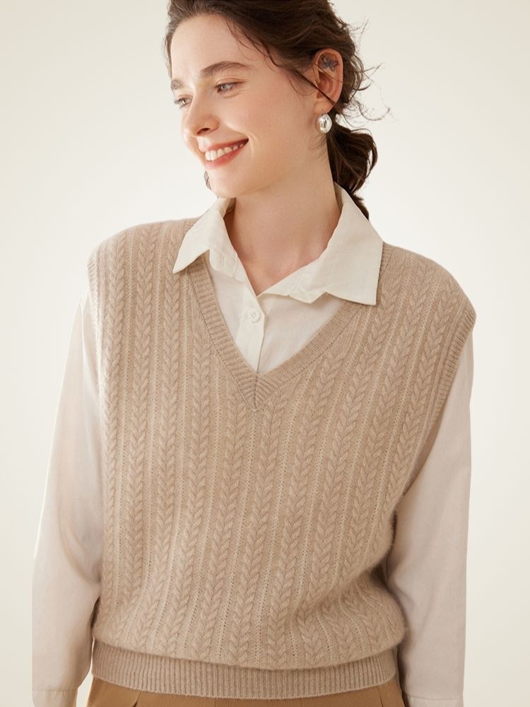 LanlyCashmere Women's Textured Cashmere Vest V Neck Knit