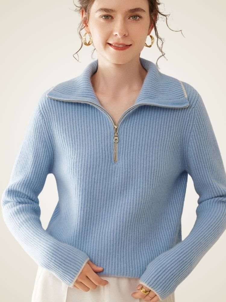 Lanlycashmere Half Zip Cashmere Sweater – Ribbed Fitted Zip Neck Pullover