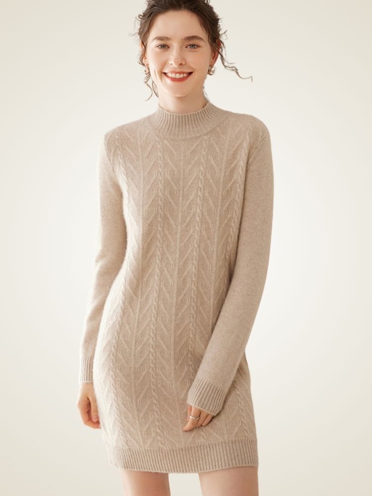 Lanlycashmere Cable Knit Cashmere Dress – Slim Fit Elegant Sweater Dress
