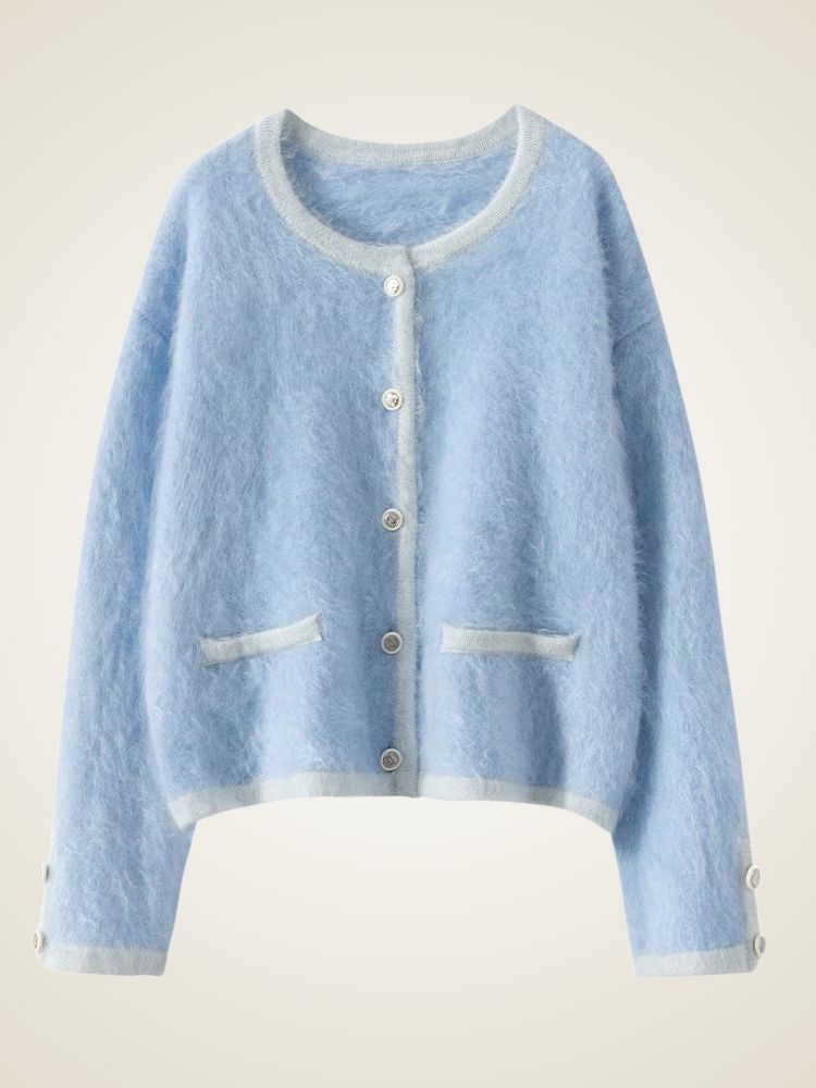 LanlyCashmere Contrast Trim Cashmere Cardigan – Soft Cropped Knit Jacket