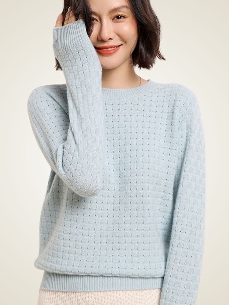 LanlyCashmere Textured Cashmere Sweater – Basketweave Knit Crewneck Pullover