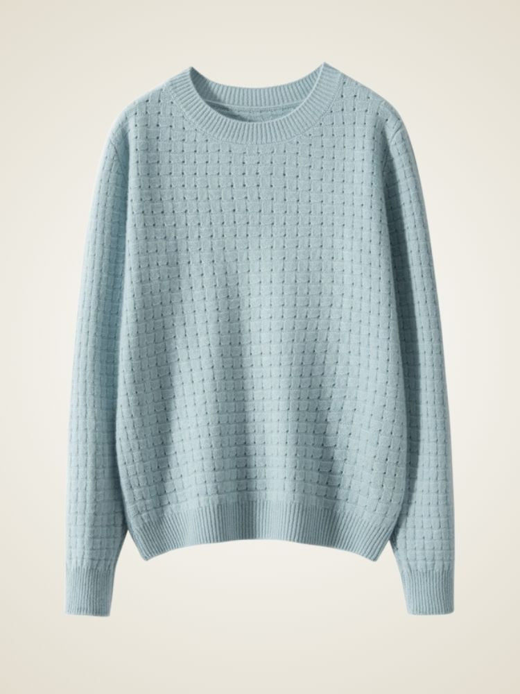 LanlyCashmere Textured Cashmere Sweater – Basketweave Knit Crewneck Pullover