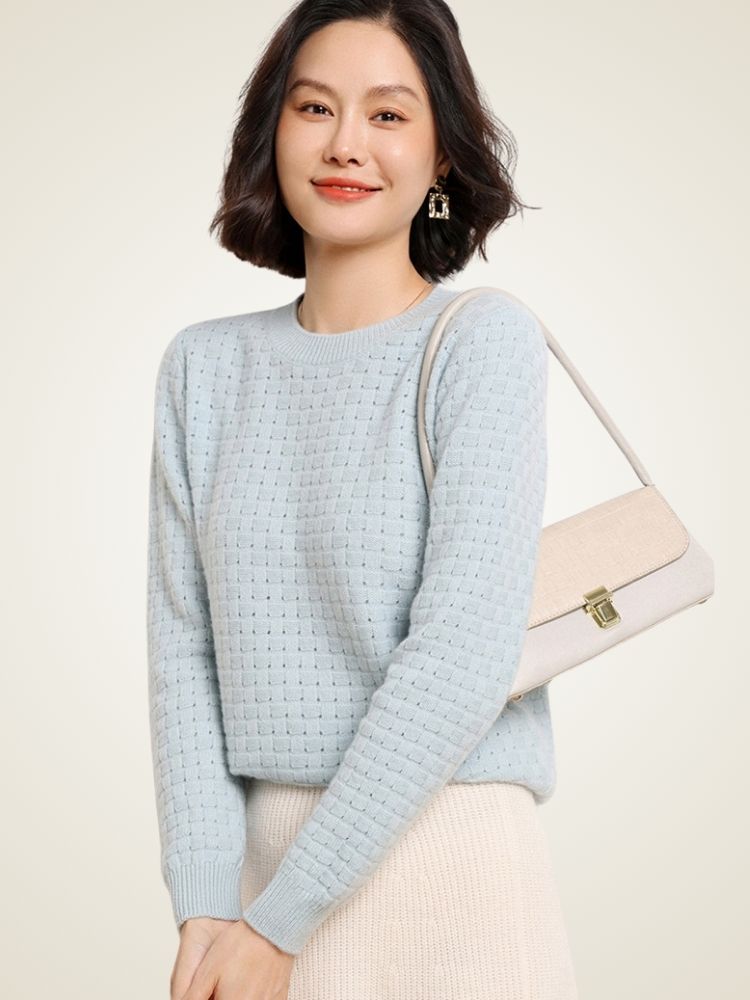 LanlyCashmere Textured Cashmere Sweater – Basketweave Knit Crewneck Pullover