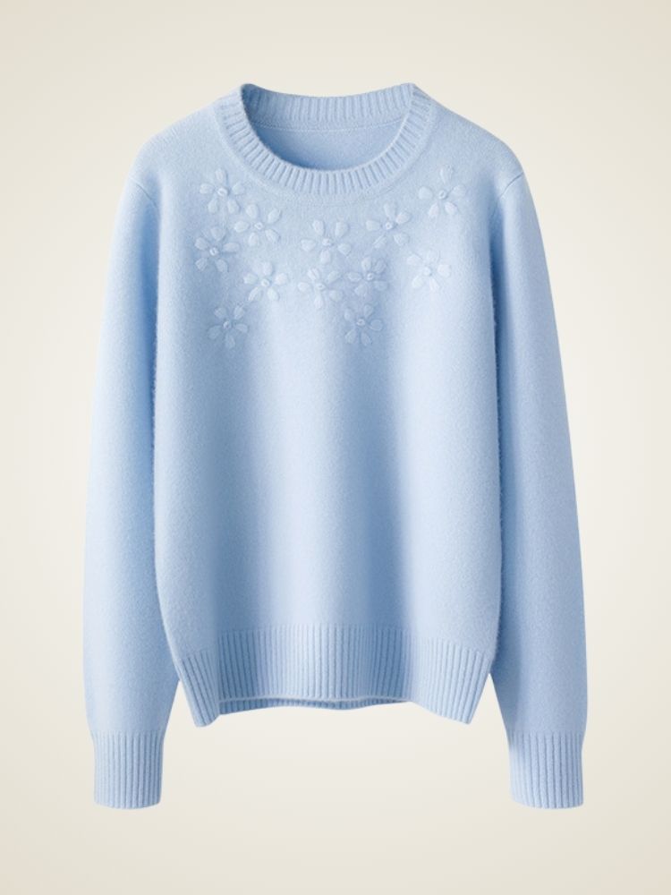 LanlyCashmere Women’s Hand Embroidered Floral Cashmere Sweater – Crew Neck Knit Pullover