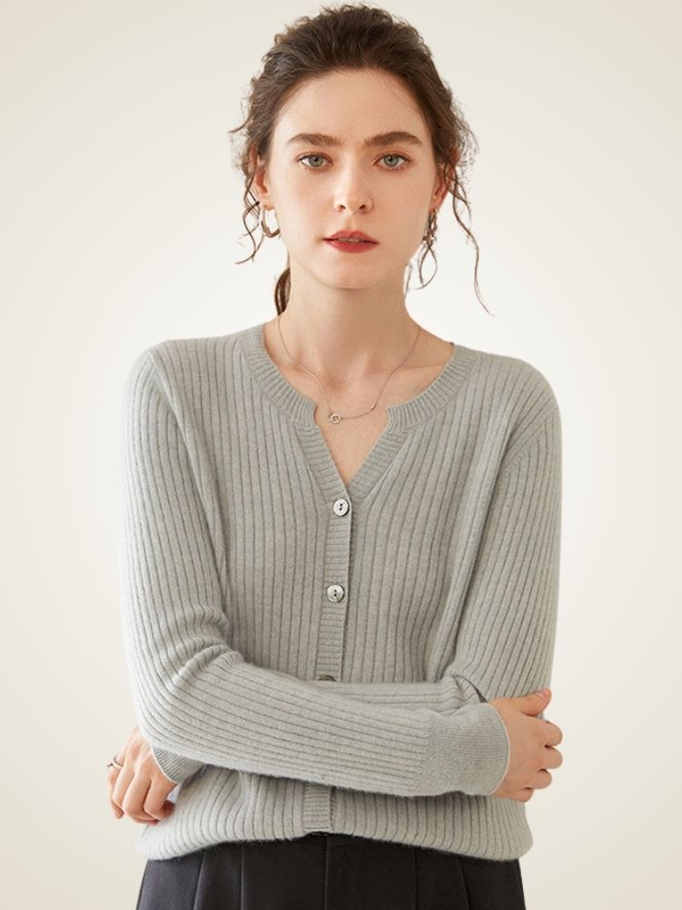 LanlyCashmere Women’s Ribbed Cashmere Cardigan – Slim Fit Button Knit Sweater